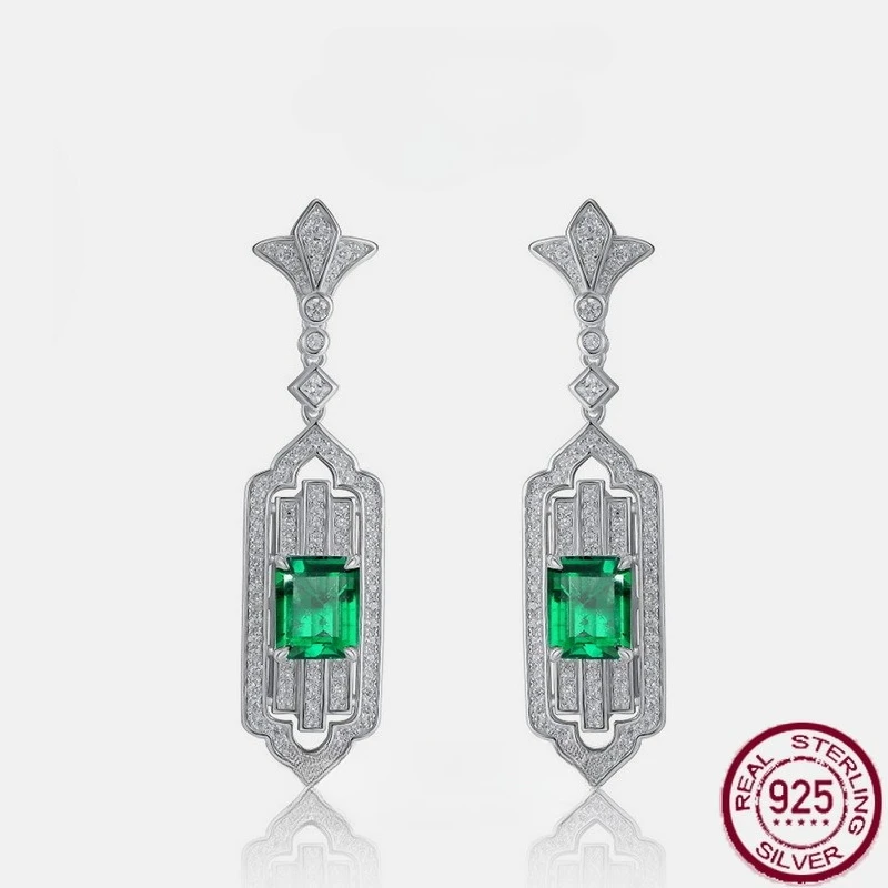 

Новые серьги из чистого серебра S925 с культивированным изумрудом и инкрустацией из драгоценных камней, свадебные украшения в европейском и американском стиле в стиле ретро