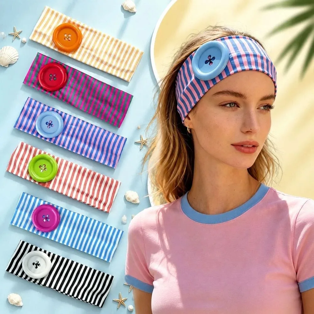 Fashion Striped Print Large Button Headband Colorful Dopamine Niche Headscarf Ins Breathable Summer Hairband Lady Girls Headwear