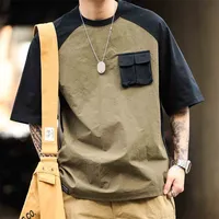 American Vintage Pocket Patchwork T-Shirts For Men Summer Casual Cotton Short Sleeve Round Neck T Shirt Y2K Streetwear Tee Tops