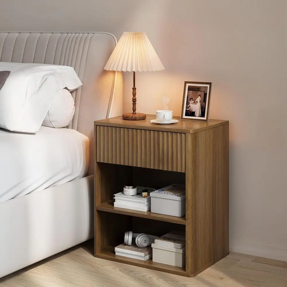 

Large Walnut Brown Nightstand with Luted Wood Storage Drawer and Open Shelf for Bedroom or Study Room