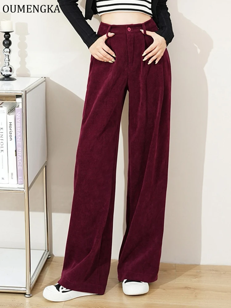 Fashion High Waist Women Retro Corduroy Pants Fall Wide Leg Causal Loose Trousers Vintage Wine Red Pockets All Match Sweatpants