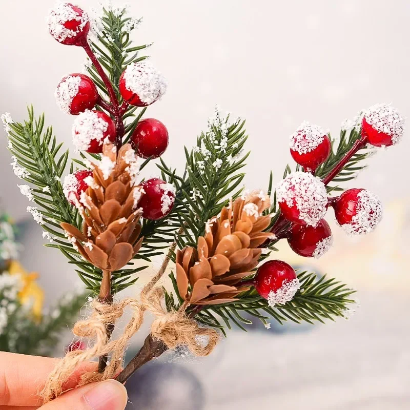 2/20PCS Christmas Pine Cones Branches Artificial Pine Picks Red Berries Branch DIY Christmas Wreath Xmas Tree Decoration Supply