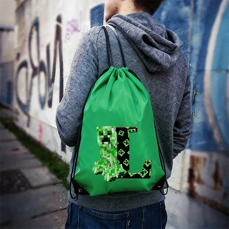 Drawstring Gym Bag - กระเป๋าเป้สะพายหลังแบบมีเชือกผูก ลายการ์ตูนมайнคราฟต์ ทำจากโพลีเอสเตอร์ กระเป๋าช้อปปิ้งลายอนิเมะ สำหรับผู้ชายและผู้หญิง กระเป๋าใส่ของสำหรับออกกำลังกาย