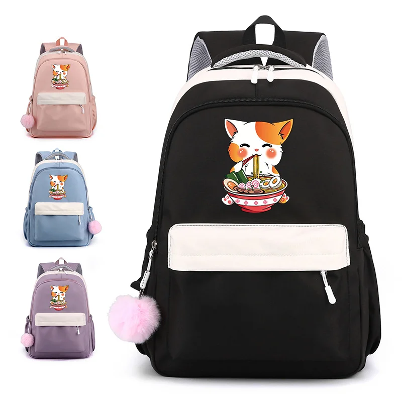 

Cute cat eating ramen pattern backpack new casual high quality large capacity backpack cat Harajuku school bag