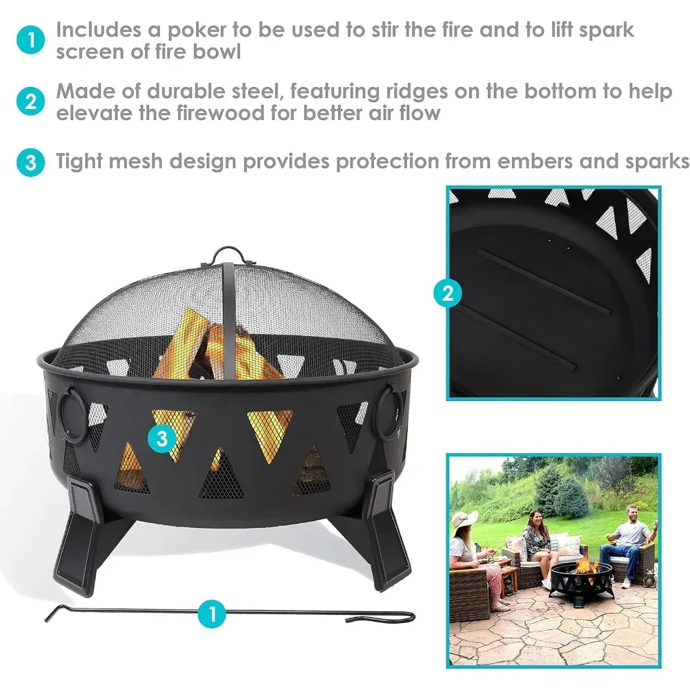 25-Inch Steel Wood-Burning Fire Pit with Mesh Stripe Cutouts - Includes Poker and Spark Screen