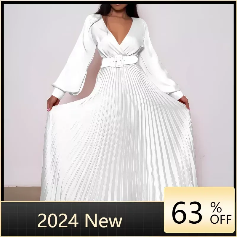 

Fashion White Long Sleeve Pleated African Dress For Women Autumn V Neck Elegant Party Long Maxi Dress Robe Ankara Fairy Dreess