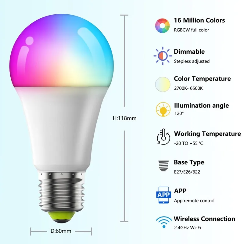 ZAOXI Inteligentna żarówka 9W 10W 100-240V E26 E27 RGB Dimming Bulb Obsługa Alexa Google Voice z pilotem zdalnego sterowania Żarówki LED