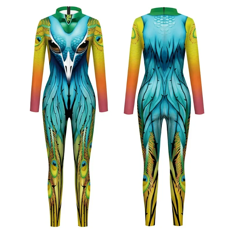 

Peacock Cosplay Costume Bird Pattern Jumpsuit Halloween Skinny Bodysuit 3D Printing Long Sleeved Catsuit Carnival Party Outfit