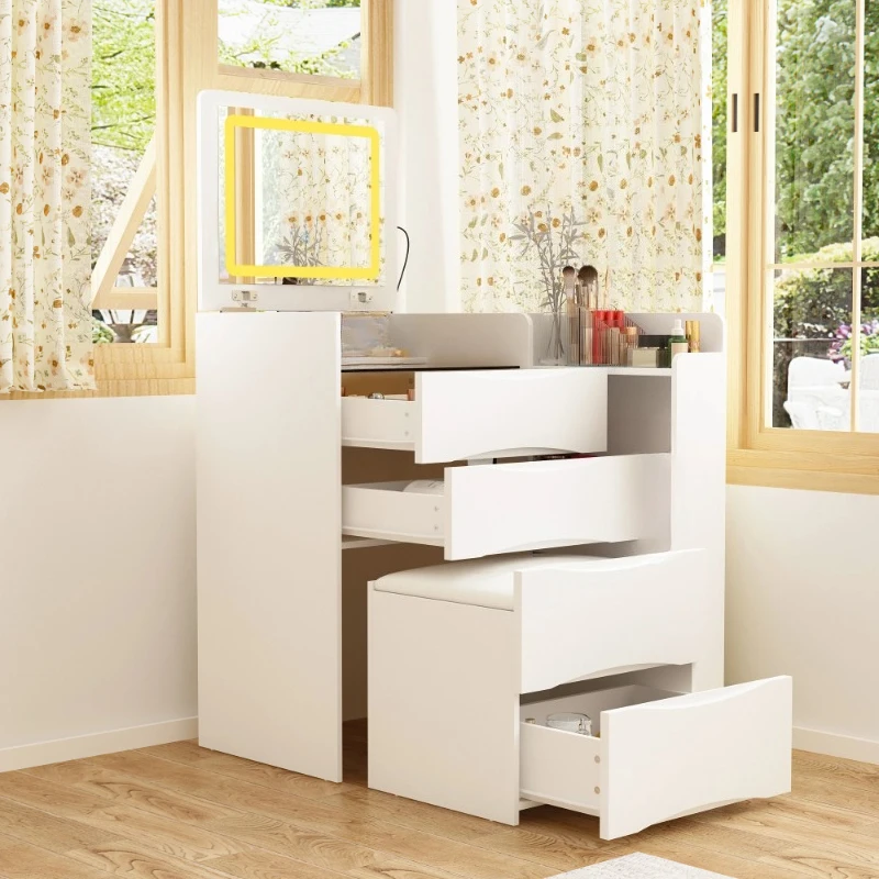 

Makeup Vanity Desk with Flip Mirror & LED Lights, Dressing Table with 3 Drawers, Stool and Glass Top, White