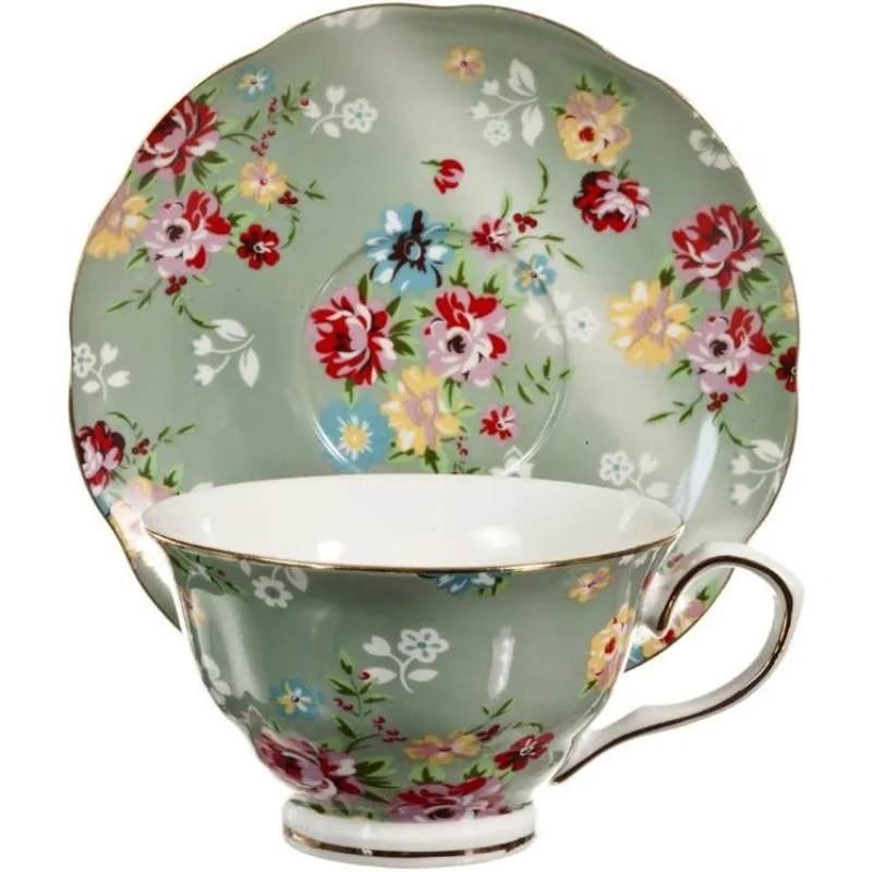 Rose Porcelain 7-Ounce Tea Cup and Saucer Set of 4