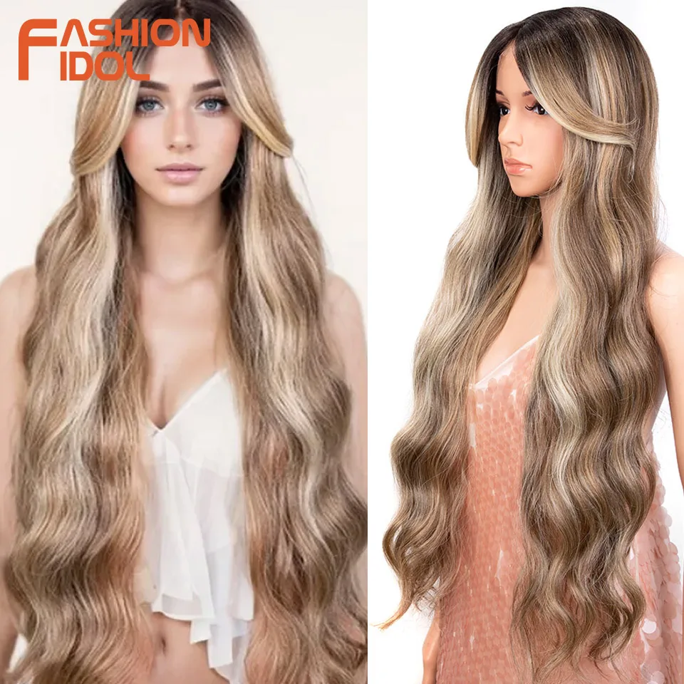 

FASHION IDOL Body Wave Lace Wig Synthetic 34 Inch Ombre Blonde Glueless With Baby Hair Cosplay Wigs For Women Deep Wave Lace Wig