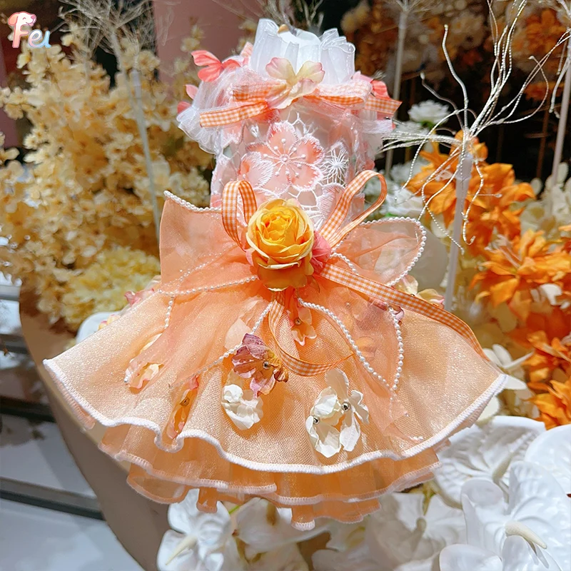 

Autumn Luxury Pet Dog Clothes Handmade Orange Flower Lace Bow Princess Dress Apparel Costume for Dog Small Medium Dogs Clothing