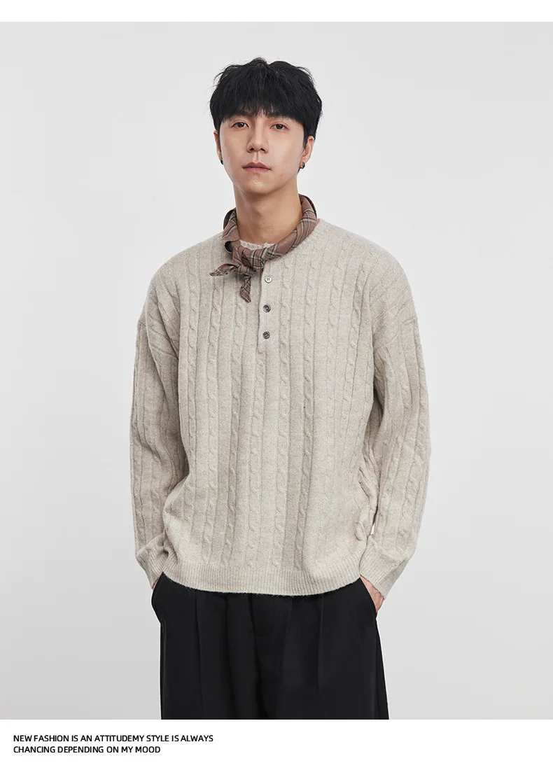 

Men's Henley Neck Cable-Knit Sweater Autumn/Winter Loose-Fit Casual Pullover Men's Inner Layer Top Warm