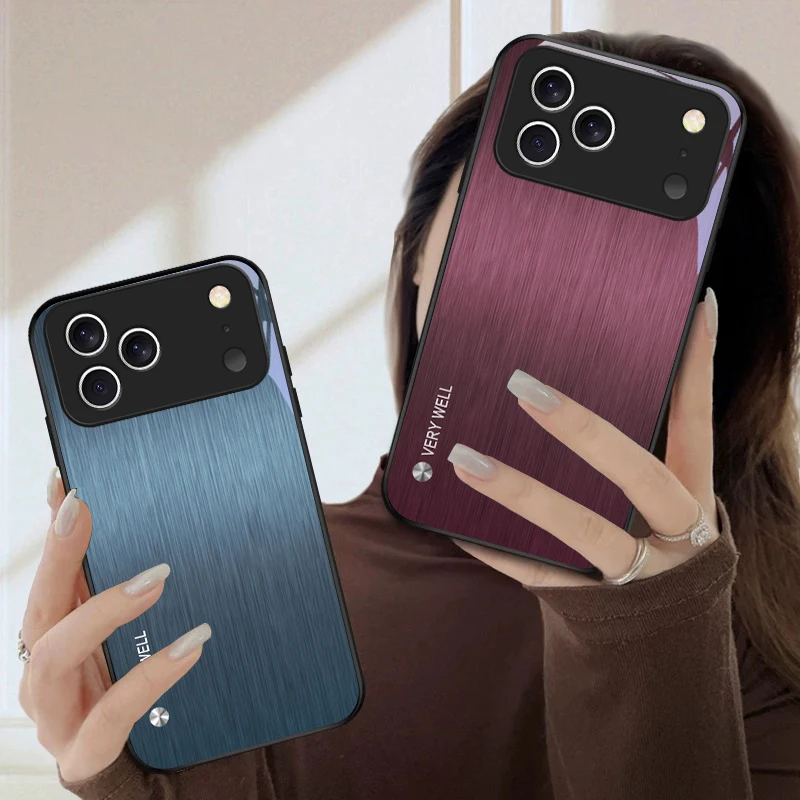 Minimally brushed metal For iPhone 17 Pro Max 16E 15 Plus 14 Pro 13 12mini 11 Air XS Max 5 6 7 8Plus SE Black Glass Phone Case view 3