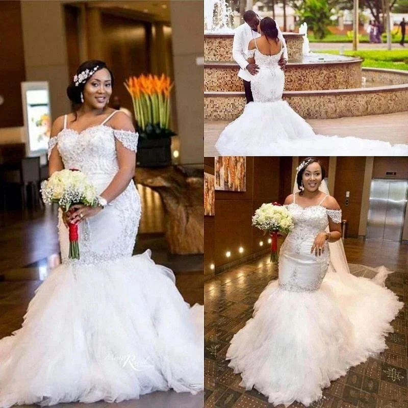 Customized South African Mermaid Wedding Gowns Abito Da Sposa Applique Lace Rullfe Black Girls Women Bridal Dress Handmade