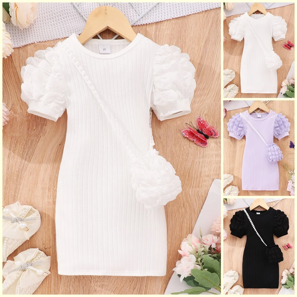 

【Free Bag】 Midi Dress Kids Girl Clothes 3 4 5 6 7 8 Years Summer Short Sleeve Baby Girl Bodycon Dress Children Wrap Tight Dress