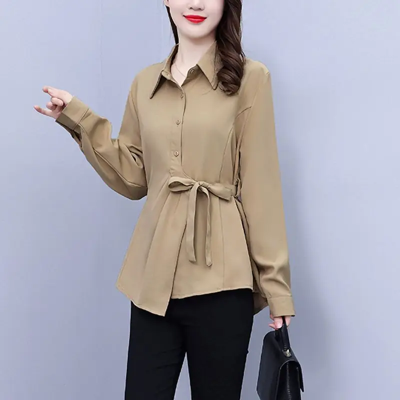 Commute Solid Color Blouse Spring Autumn Polo-Neck Women\'s Clothing Single-breasted Fashion Drawstring Asymmetrical Waist Shirt