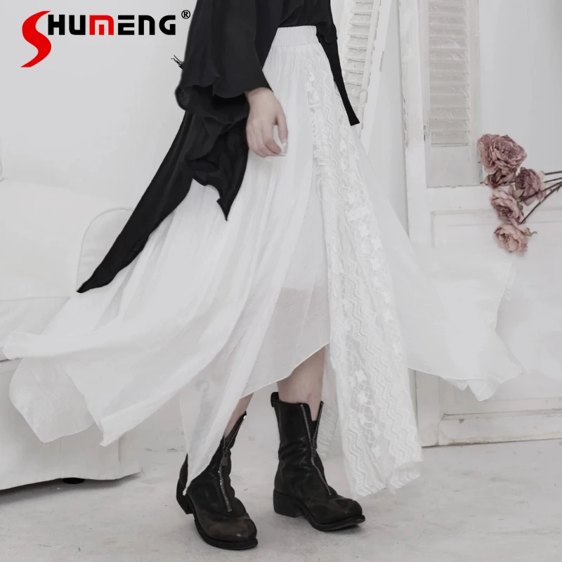 

2026 Spring New Fashion Lace Splicing Elastic Waist Skirts Irregular Long Skirts Feminine Solid Color Elegant Breathable Skirts