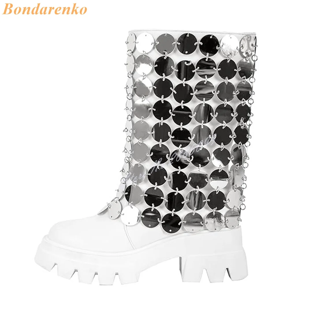 

Sequined Hollow Summer Boots Round Toe Thick Sole Chunky High Heels Mid Calf Boots Slip On New Style Designer Bling Women Shoes