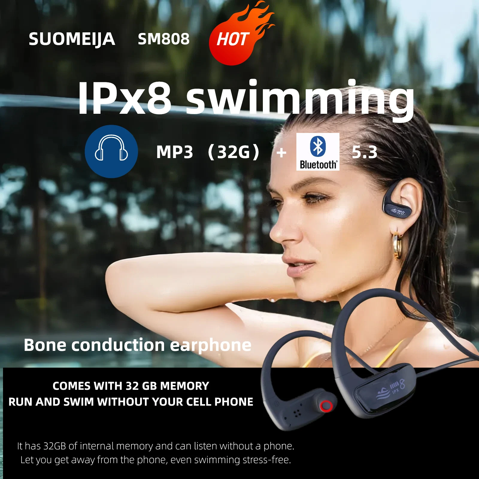 Suomeija 무선 블루투스 5.3 이어버드 IPX8 방수 수영/달리기/체육관용 충전 케이스가 포함된 12H 재생 시간 스포츠 이어폰