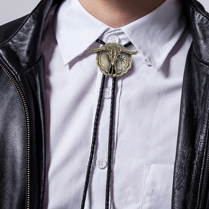 Vintage Arrial Western Cowboy Longhorn Steer Kuh Schädel Schild Leder Seil Rodeo Bolo Krawatte Männer Frauen Bola Krawatte Zubehör – Detail 2