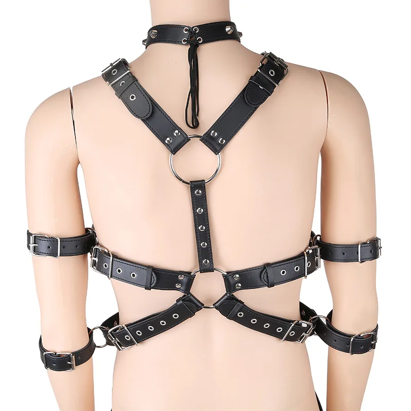 Man Black PU Tank Tops Bondage Couple Playing Sexy PU Rivet Decor Lingeries Gay Sissy Leather Body Belt Master Cosplay Clubwear