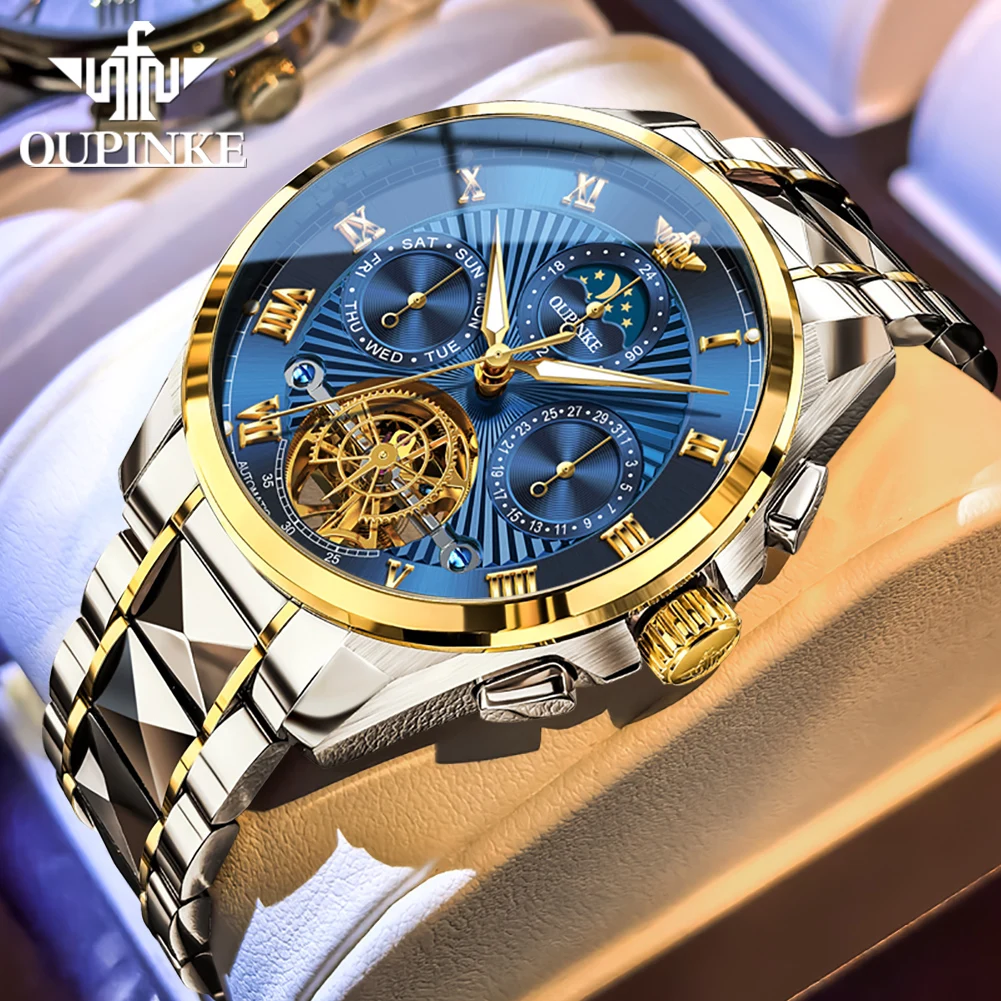 OUPINKE 3322 Men's Automatic Watch Tourbillon Skeleton Dial High end Tungsten steel Waterproof Wristwatch Men