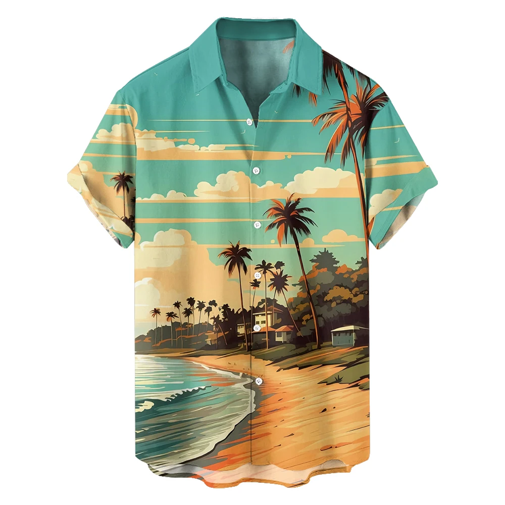 Original summer sunset beach leisure travel large size short sleeve shirt Hawaiian style retro digital print loose trend shirt