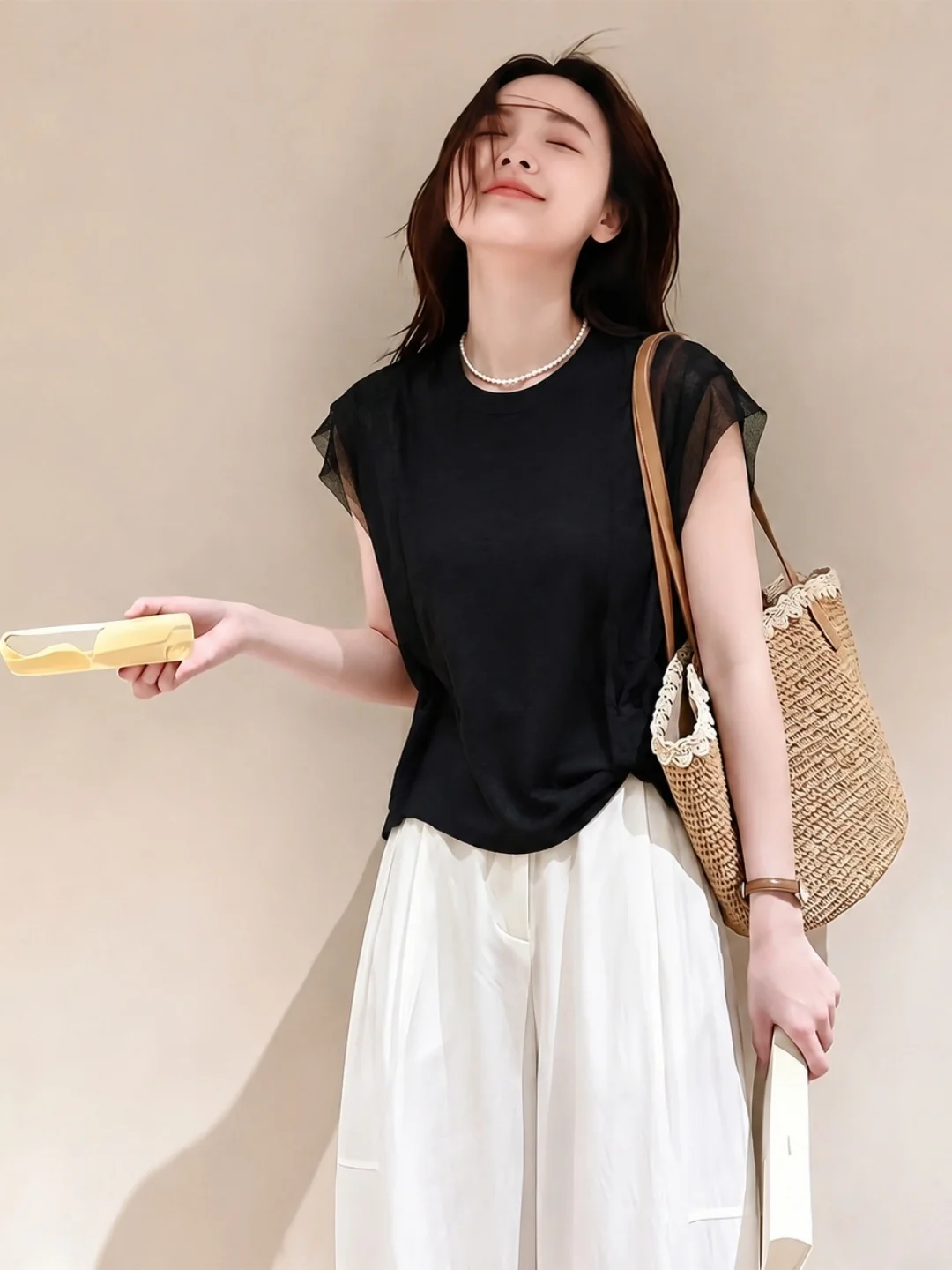 

Slimming Mesh Splice round Neck Pullover Top Fashionable Soft Silk Korean Style Commute Straight Cut Short Sleeve Summer Elegant