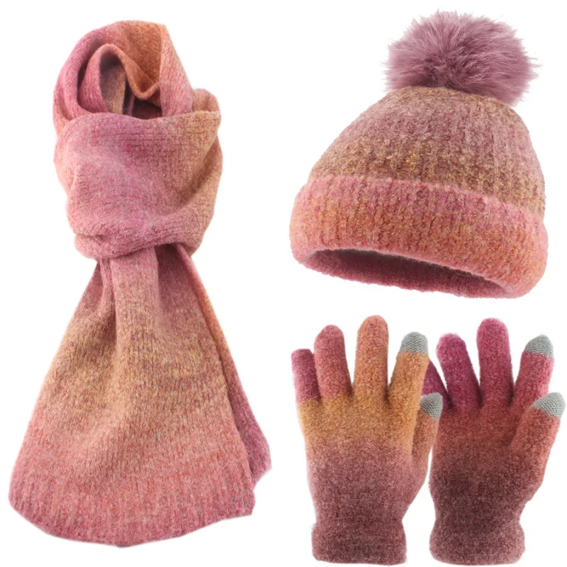 New Autumn Winter Adult Gradient Color Knitted Pom-Pom Hat Scarf Gloves Set Fleece-Lined Warm Three-Piece Set for Women Gilrs
