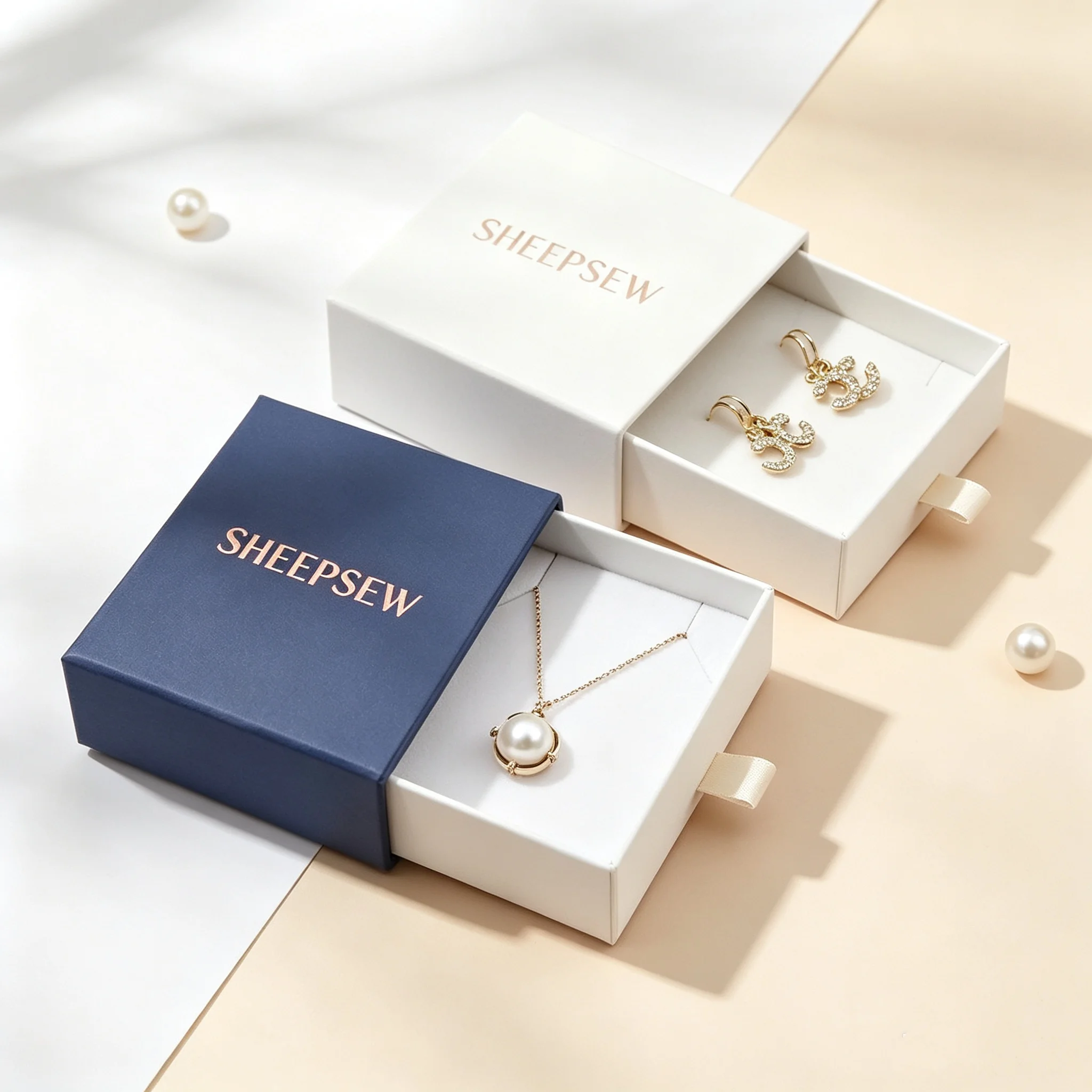 50pcs Sheepsew Custom Logo Luxury Pearl Necklace Rings Earrings Packaging Boxes Recyclable Pendant Gift Rigid Paper Box