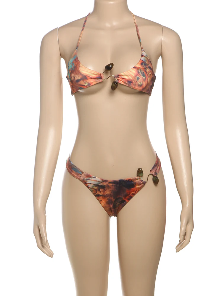 

Weird Puss Fashion Print Metal Buckle Patchwork 2 Piece Set Women Lace-Up Halter Bra+Skinny Briefs Vacation Beach Party Outfits