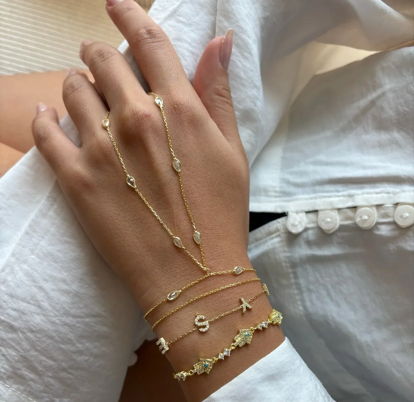 2025 New Elegance Fashion Women Hand Chain Bracelet With Ring Gold Color Tear Drop CZ Geometric Jewelry