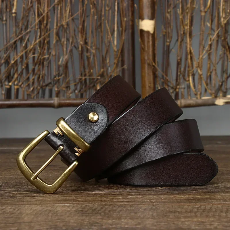 3.3CM Thick Pure Cowhide Copper Buckle Genuine Leather Casual Jeans Belt Men High Quality Retro Luxury Brand Male Strap Cintos