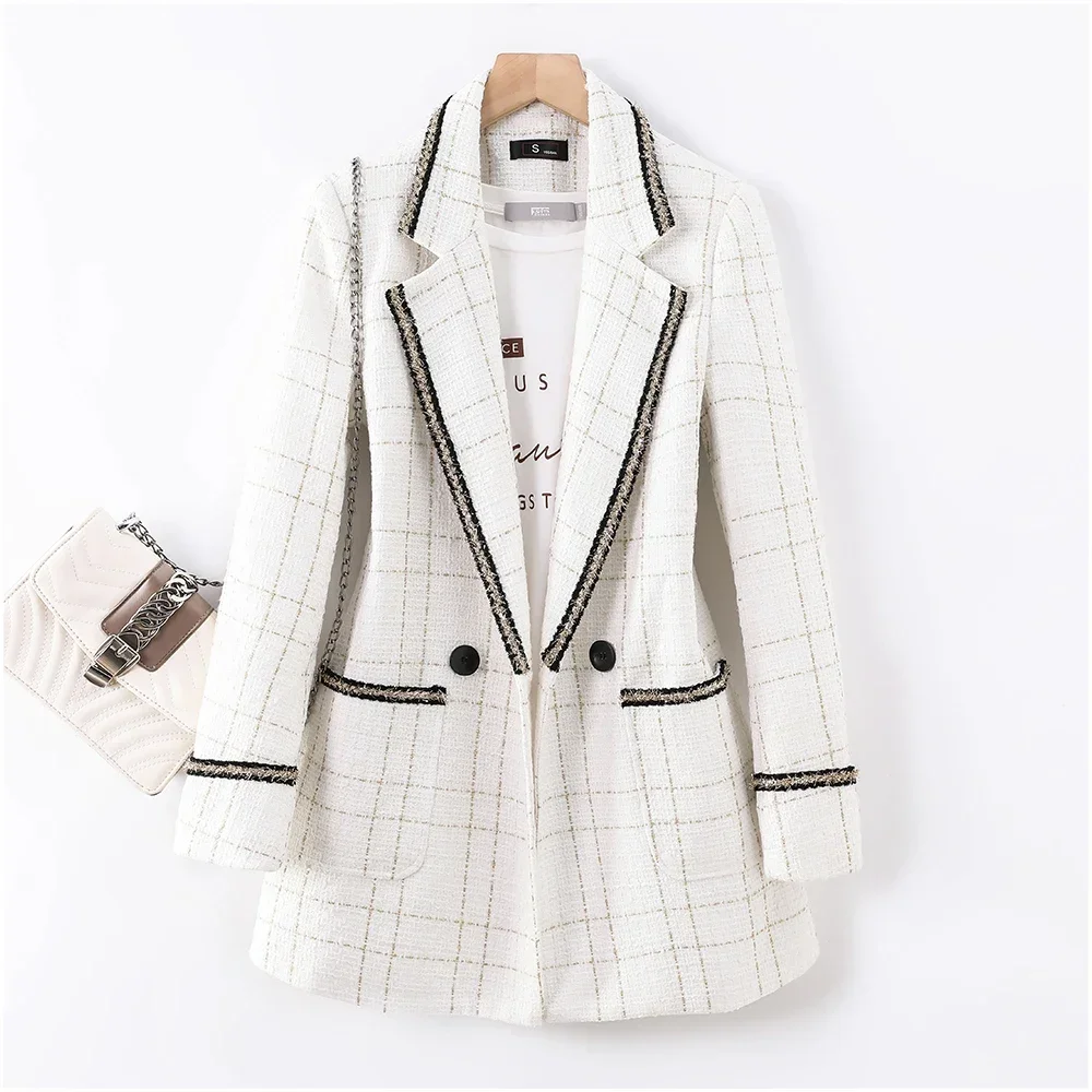 New Arrival Casual Loose Jacket Women White Black Plaid Blazer Spring Autumn Fashion Female S-3XL Tops Coat With Real Pockets