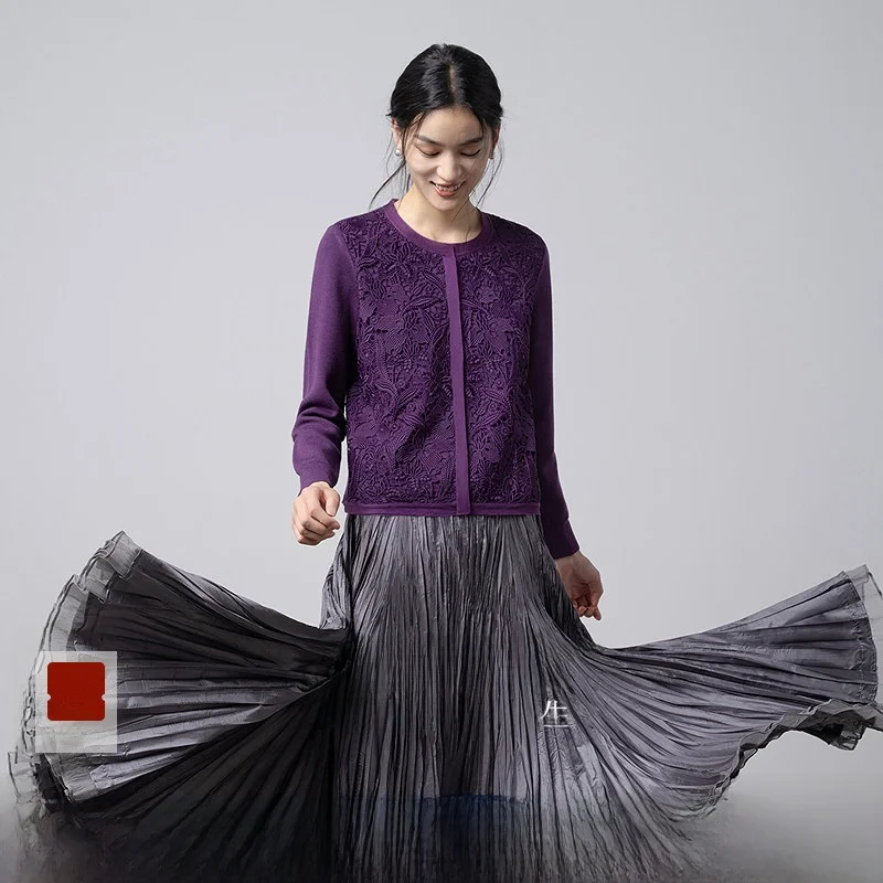 

Elegant Hollow out Knitted Short Jacket with Long Sleeves And Embroidery for Women Vintage Style Early Spring New Arrival