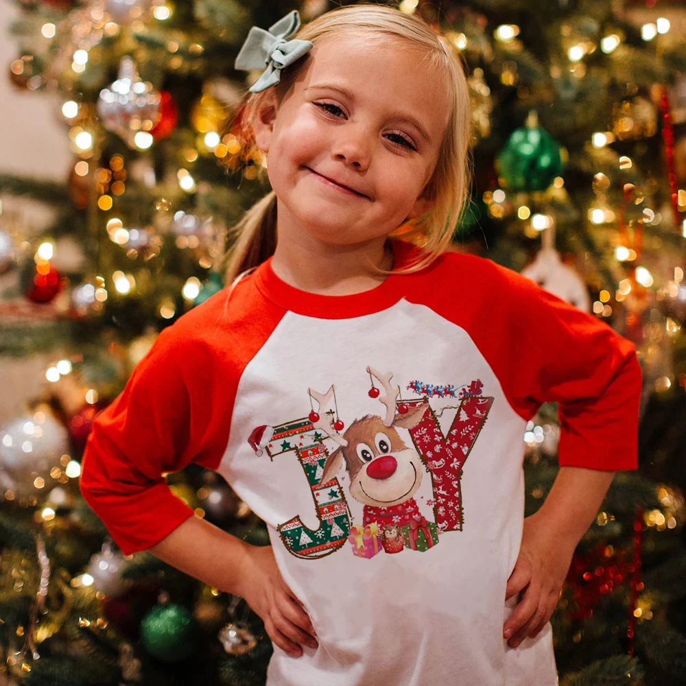 

Joy Deer Printed Christmas Kids Long Sleeve Raglan Shirts Toddler Boys Girls Graphic Tee Xmas Deer Tees Holiday Party Gift Tops