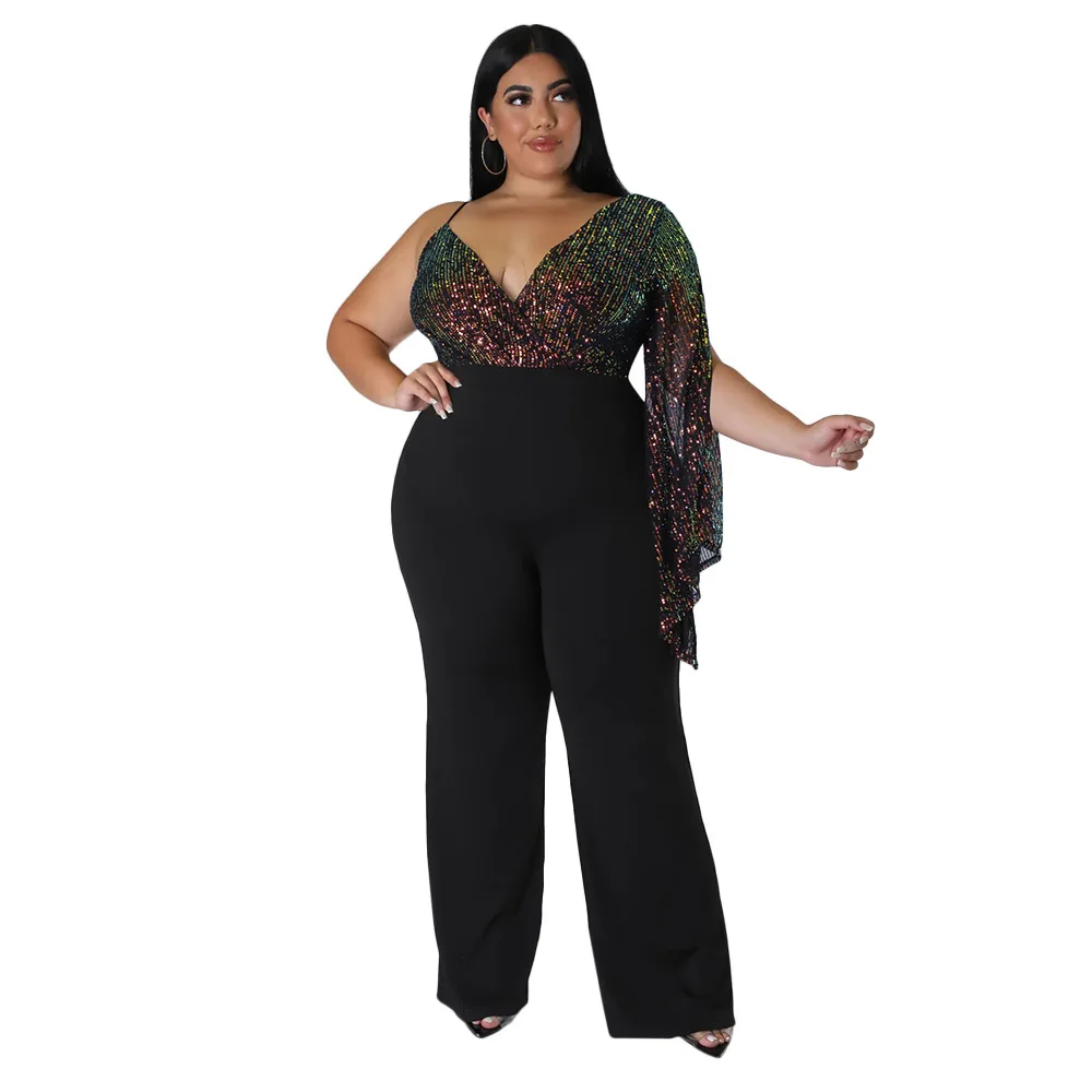 Autumn and Winter Women's 5XL Sexy V-neck Suspender Sequins Loose Wide Leg Pants Jumpsuit Pants Nightclub Fashion