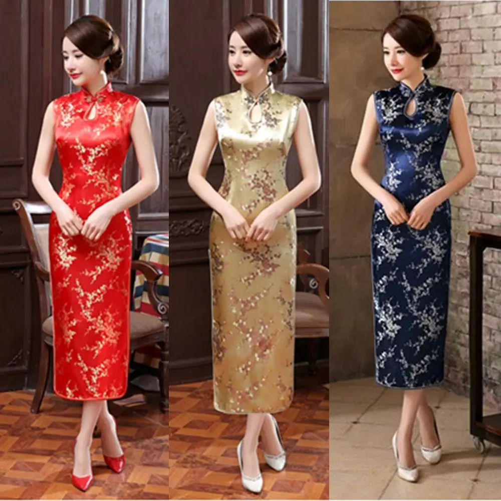 

Floral Print Cheongsam Dresses Mandarin Collar Vintage Bodycon Dresses Maxi Chinese Style Chinese Qipao Evening Dress