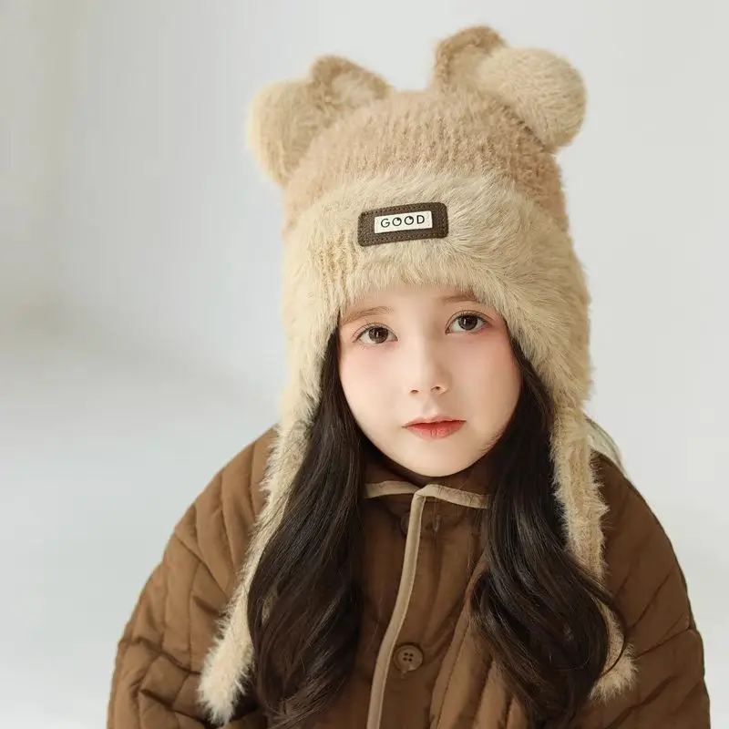 Kids Girls Cartoon Ear Protection Hats 2024 New Arrival Autumn Winter Woolen Knitted Windproof Hats Baby Lace Up Pullover Hat