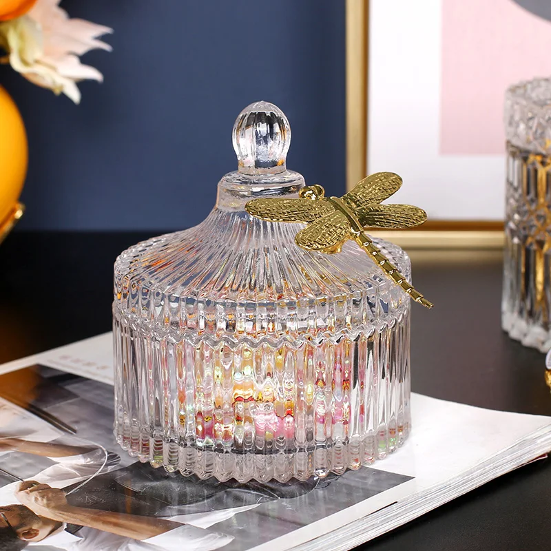 Golden Butterfly Dragonfly Crystal Glass Storage Jar Jewelry Box Sugar Bowl Household Aromatherapy Candle Bottle Glass Container