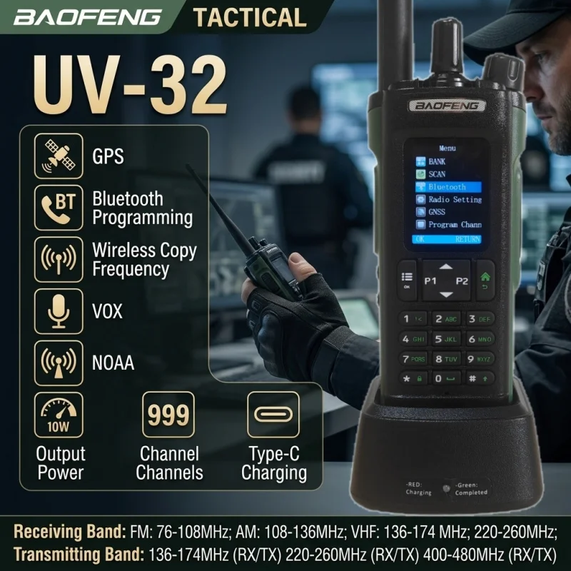 Baofeng Uv-32 10W High Power Walkie Talkie Gps Dual-Band Two Way Radio Bluetooth App Programming Noaa Weather Alert Outdoor Gear