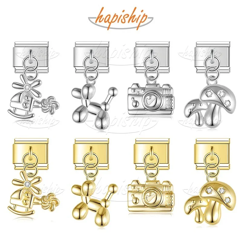 Hapiship 2026 Wholesale Golden Dog Airplane Mushroom Camera Italian Charms 9mm Bracelet Stainless Steel Women Jewelry DJ1864