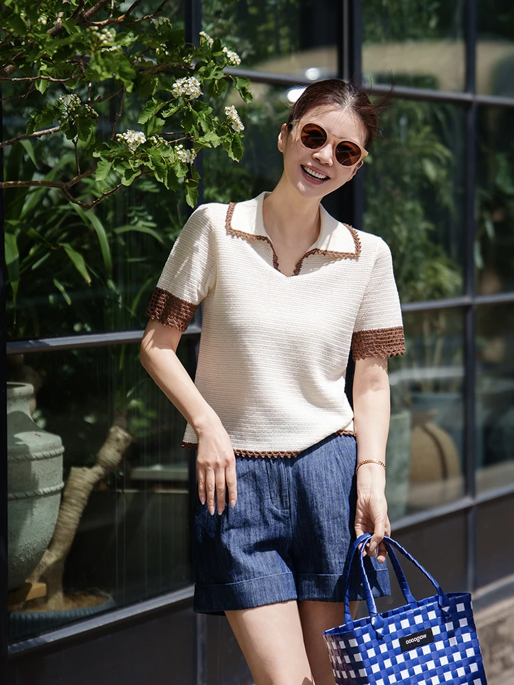 

VESSI Golden President's "Intimate Tenderness" Handmade Heavyweight Short Sleeve Color Block Knitwear with Scissors Collar