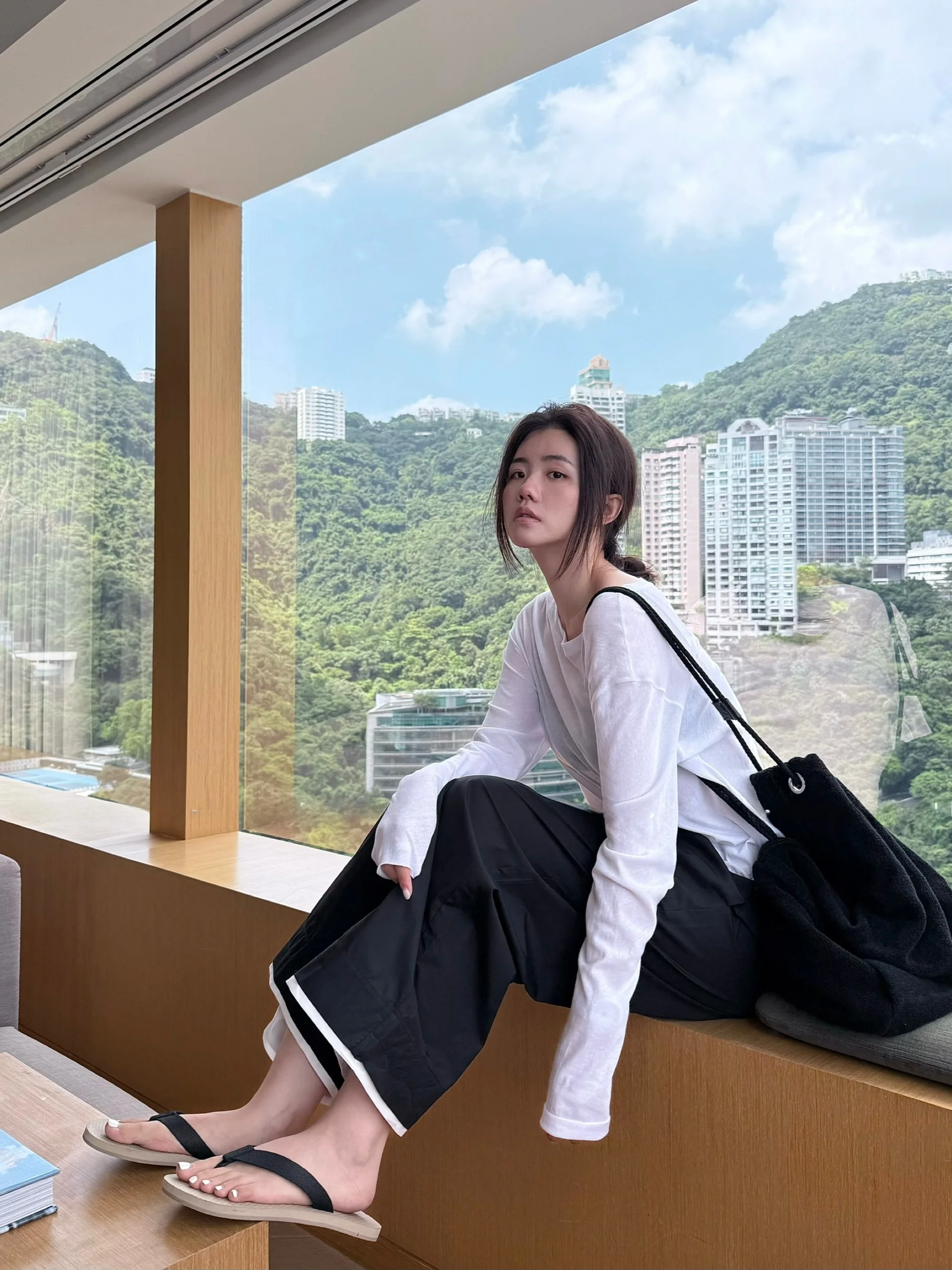 

PEACHZHOU Casual Loose Elastic Waist Color Blo Wide Leg Nine Points Pants Women's Comfortable Cotton Trousers Autumn Faion