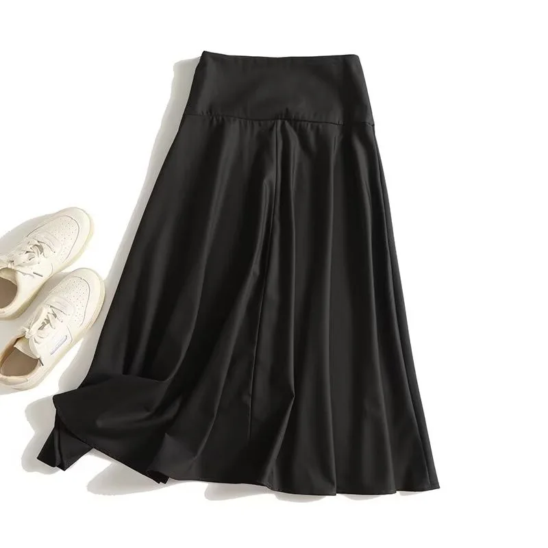 Maxdutti French Romantic Black Elegant Midi Skirt Minimalist Women's Commuting Drape A-line Skirt Trumpet Skirt Woman Clothes