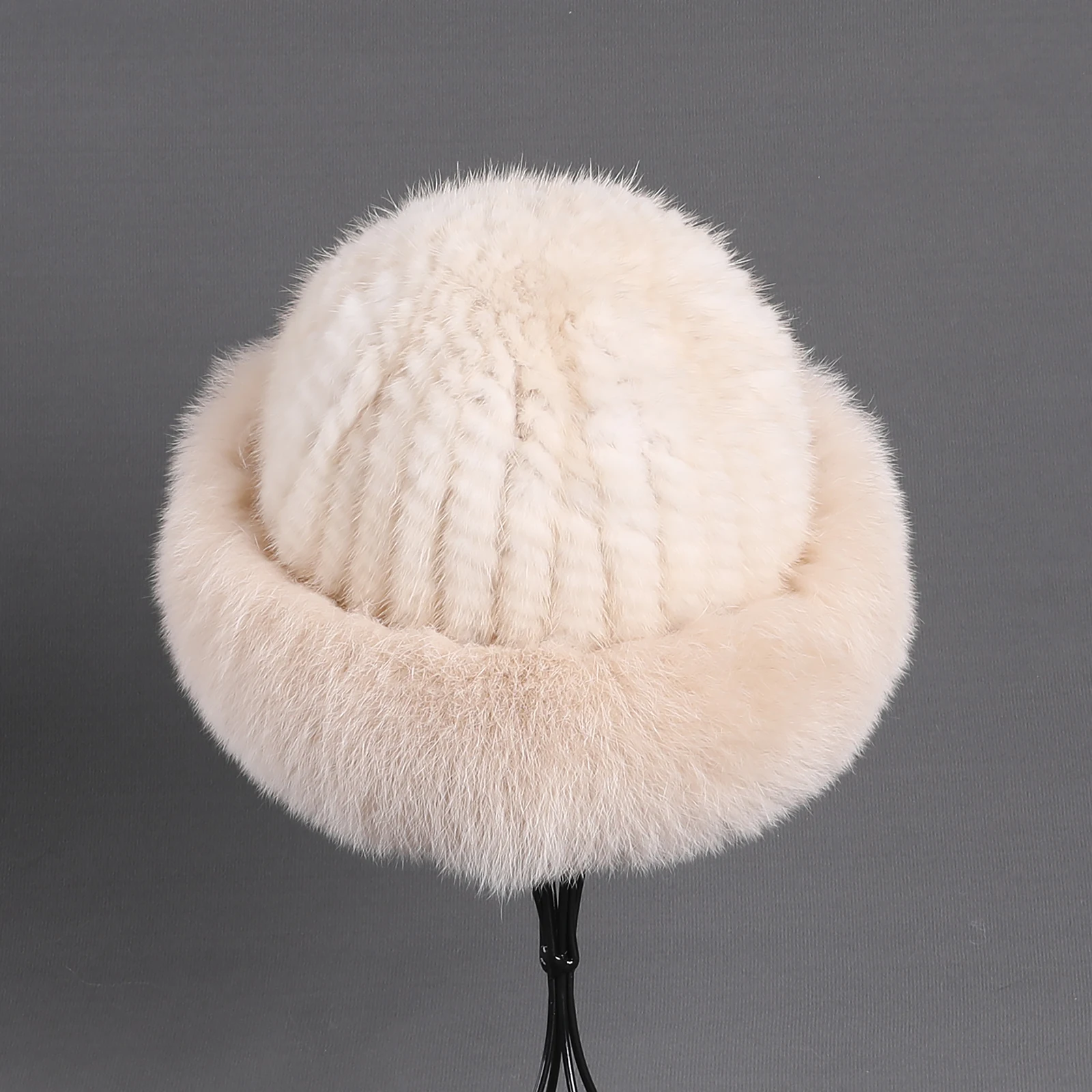 Frauen Winter warm echte Premuim Nerz Fell gestrickt Eimer Hut pelzigen Echtpelz Kappen Big Fox Pelz besatz Krempe verstellbar – Detail 7