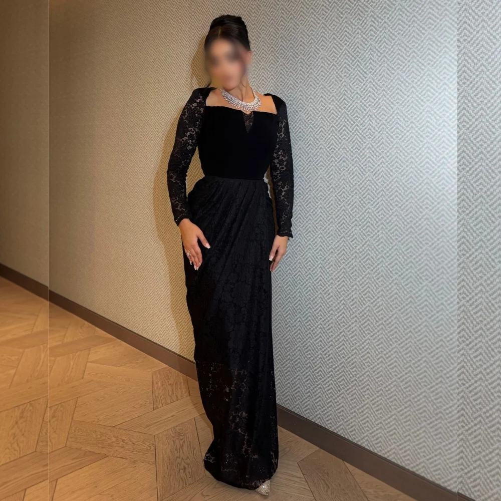 

Customized Formal Evening Dress Pleat Lace Bespoke Occasion Square Neck Charming Black Long Dresses Elegant Party