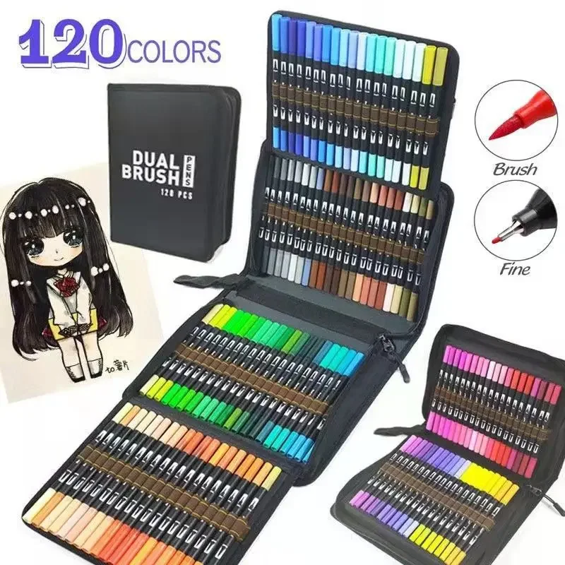 Watercolor Art Marker 60/72/100/120 pcs Set Brush Pen Dual Tip Fineliner with Bag Drawing for Calligraphy Painting Art Supplies