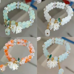 Cute Green Crystal Bead Bracelet for Women Trendy Lily Valley Flower Charm Elastic Adjustable Bracelet Wedding Birthday Jewelry